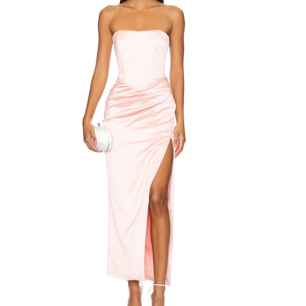 Bardot Blush Strapless Satin Midi Dress